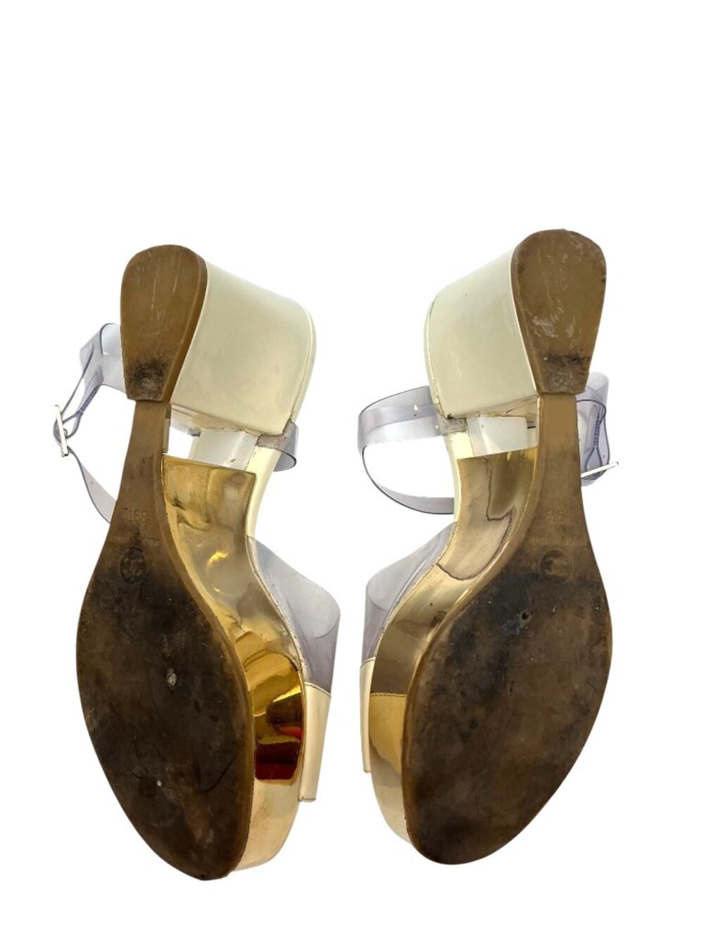 CHANEL Vintage Gold Wedge Platforms With PVC Straps sz 9.5 - Picture 13 of 16